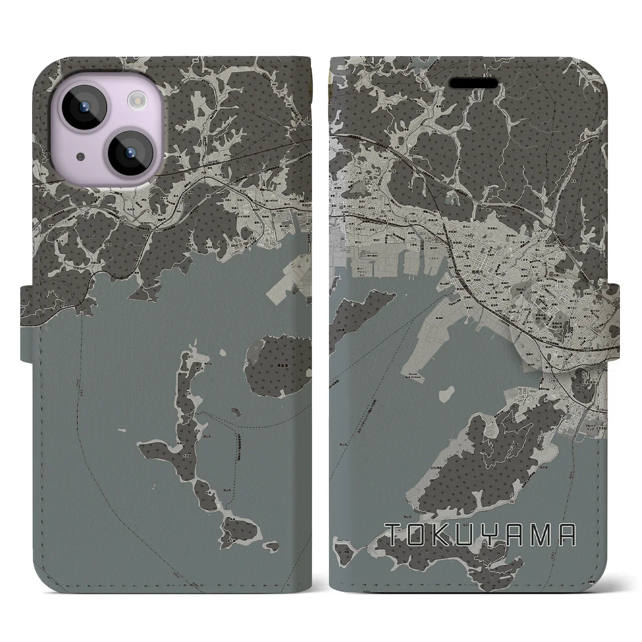 【徳山(山口県)】地図柄iPhoneケース(手帳タイプ)モノトーン・iPhone 14 用