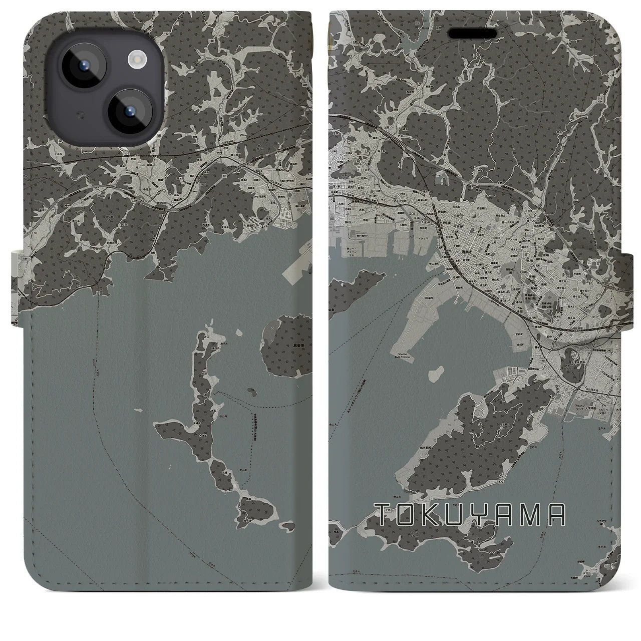 【徳山(山口県)】地図柄iPhoneケース(手帳タイプ)モノトーン・iPhone 14 Plus 用