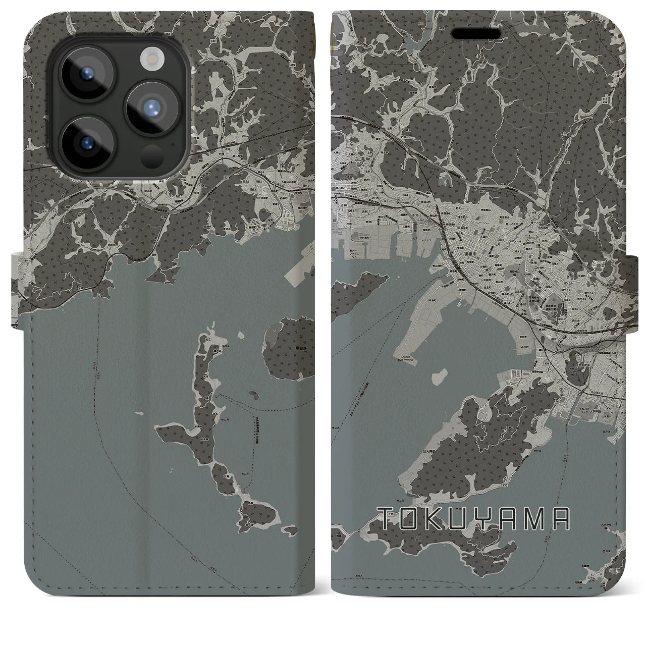 【徳山(山口県)】地図柄iPhoneケース(手帳タイプ)モノトーン・iPhone 15 Pro Max 用
