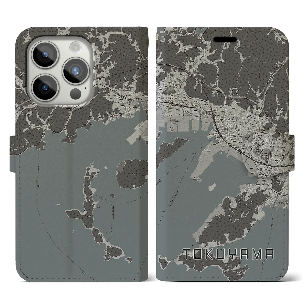 【徳山(山口県)】地図柄iPhoneケース(手帳タイプ)モノトーン・iPhone 15 Pro 用