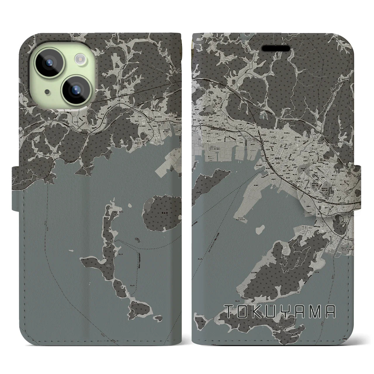 【徳山(山口県)】地図柄iPhoneケース(手帳タイプ)モノトーン・iPhone 15 用