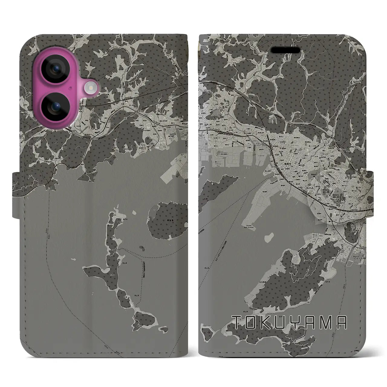 【徳山(山口県)】地図柄iPhoneケース(手帳タイプ)モノトーン・iPhone 16 Pro 用