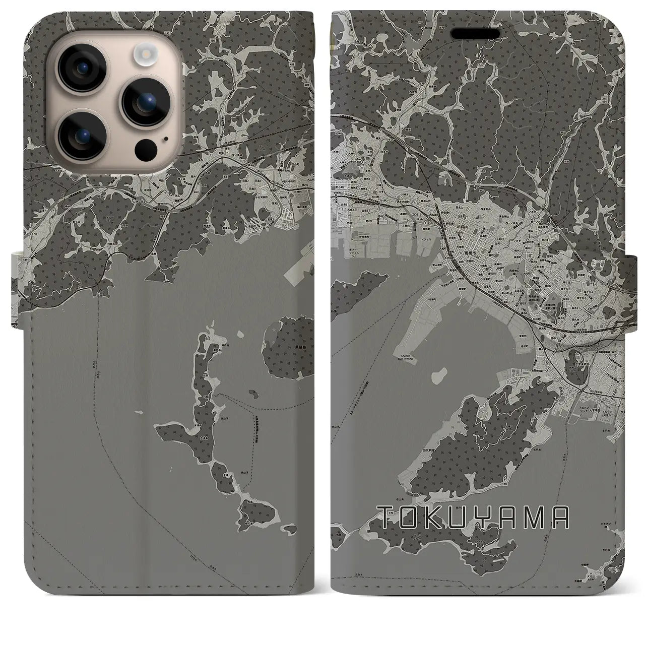 【徳山(山口県)】地図柄iPhoneケース(手帳タイプ)モノトーン・iPhone 16 Plus 用
