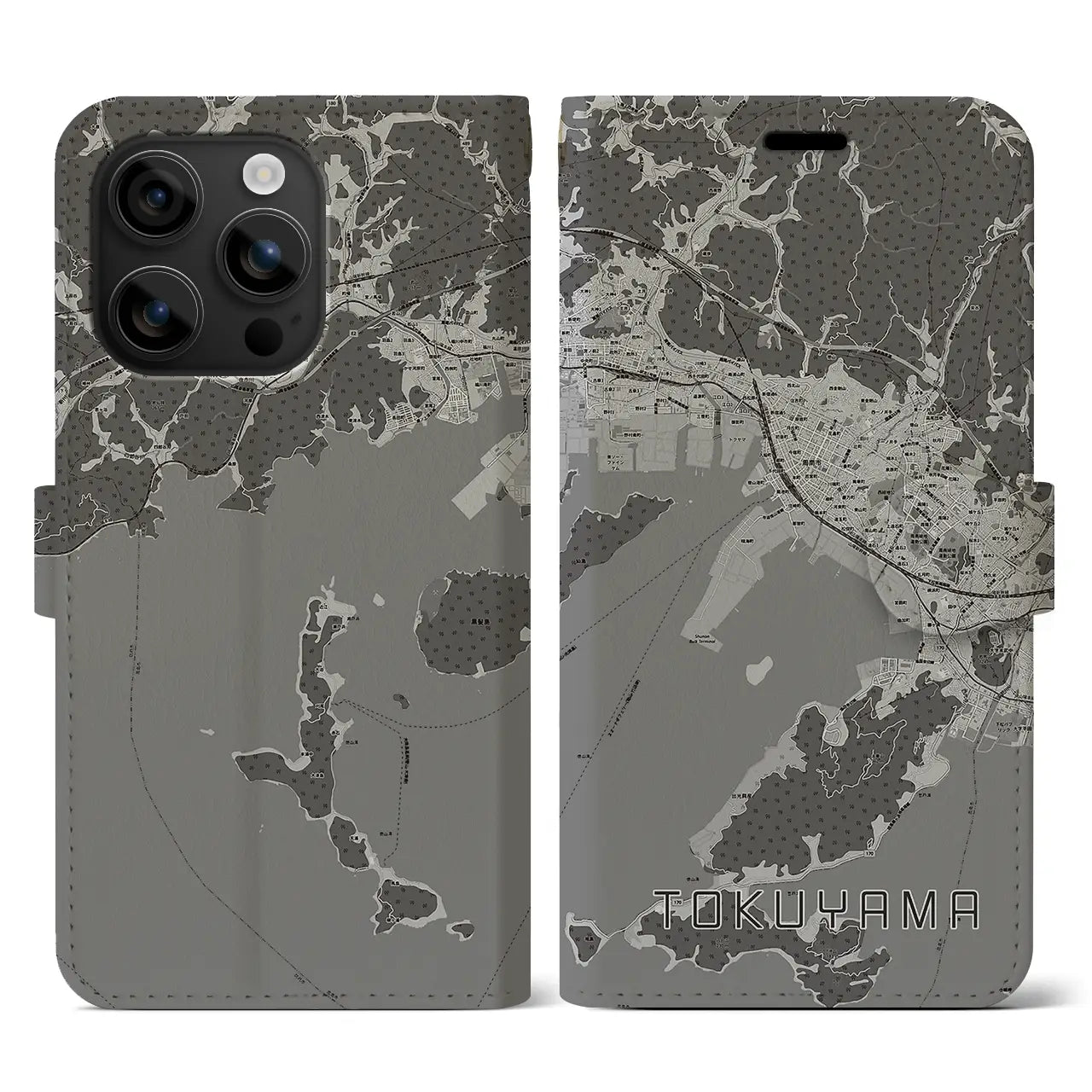 【徳山(山口県)】地図柄iPhoneケース(手帳タイプ)モノトーン・iPhone 16 用