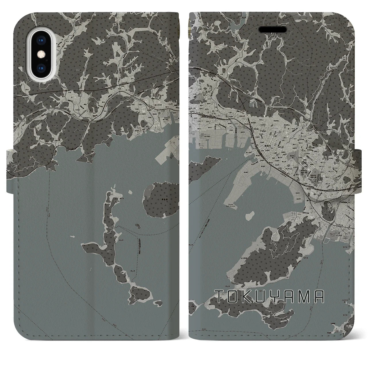 【徳山(山口県)】地図柄iPhoneケース(手帳タイプ)モノトーン・iPhone XS Max 用