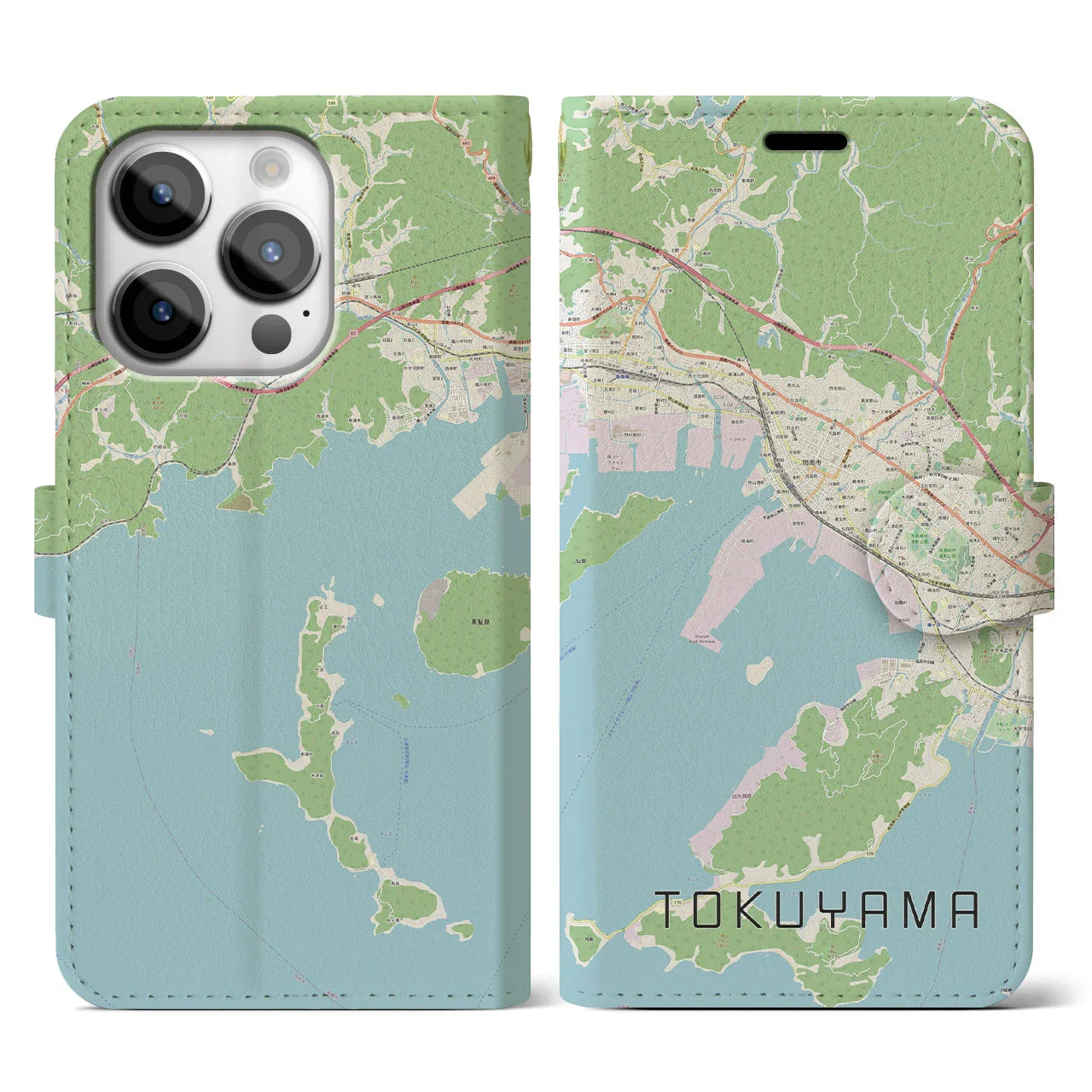 【徳山(山口県)】地図柄iPhoneケース(手帳タイプ)ナチュラル・iPhone 14 Pro 用