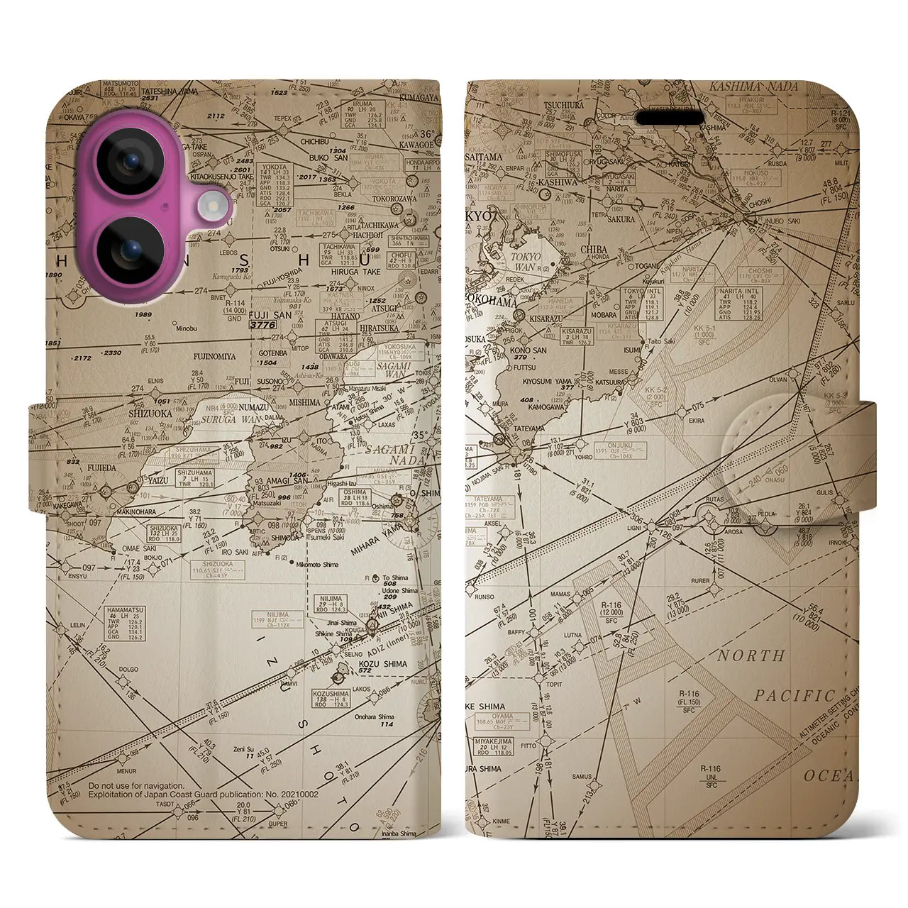 【東京航空図(東京都)】航空図iPhoneケース(手帳タイプ)セピア・iPhone 16 Pro 用