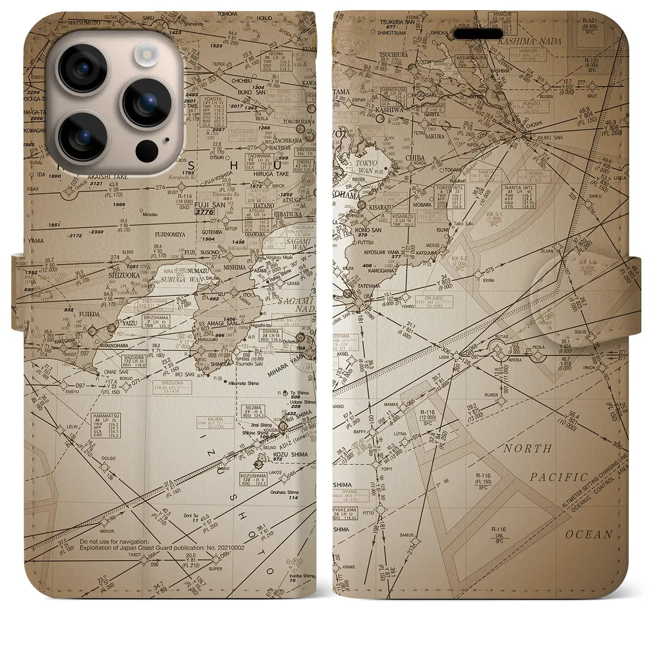 【東京航空図(東京都)】航空図iPhoneケース(手帳タイプ)セピア・iPhone 16 Plus 用