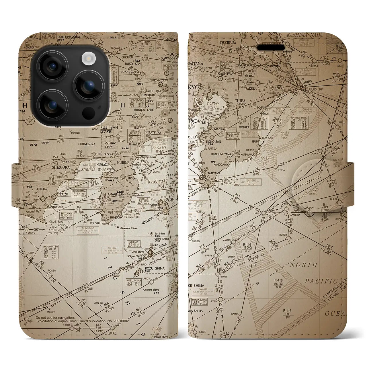 【東京航空図(東京都)】航空図iPhoneケース(手帳タイプ)セピア・iPhone 16 用