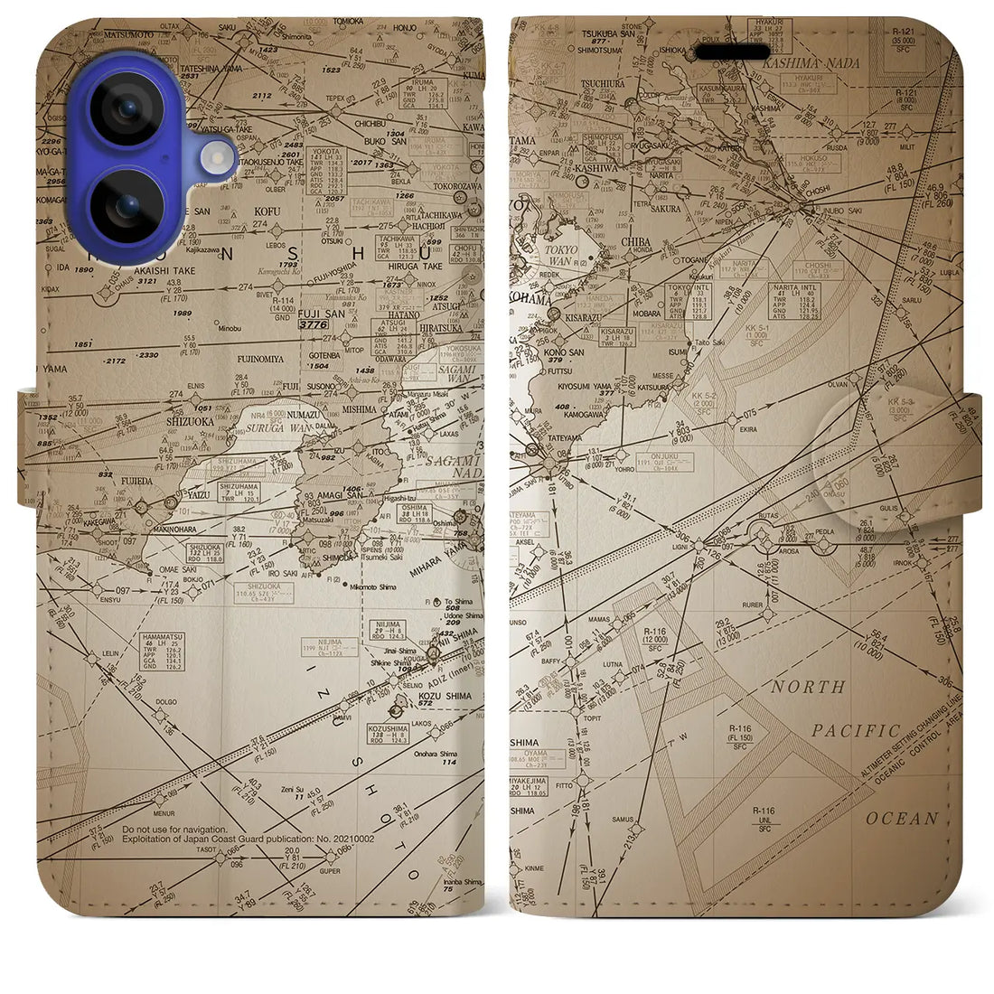 【東京航空図(東京都)】航空図iPhoneケース(手帳タイプ)セピア・iPhone 16 Pro Max 用