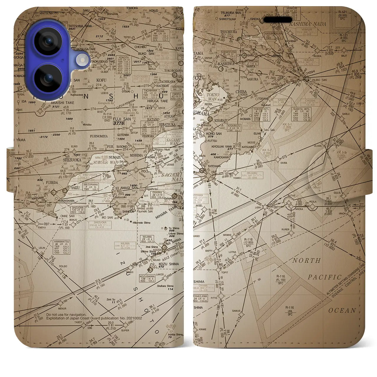 【東京航空図(東京都)】航空図iPhoneケース(手帳タイプ)セピア・iPhone 16 Pro Max 用