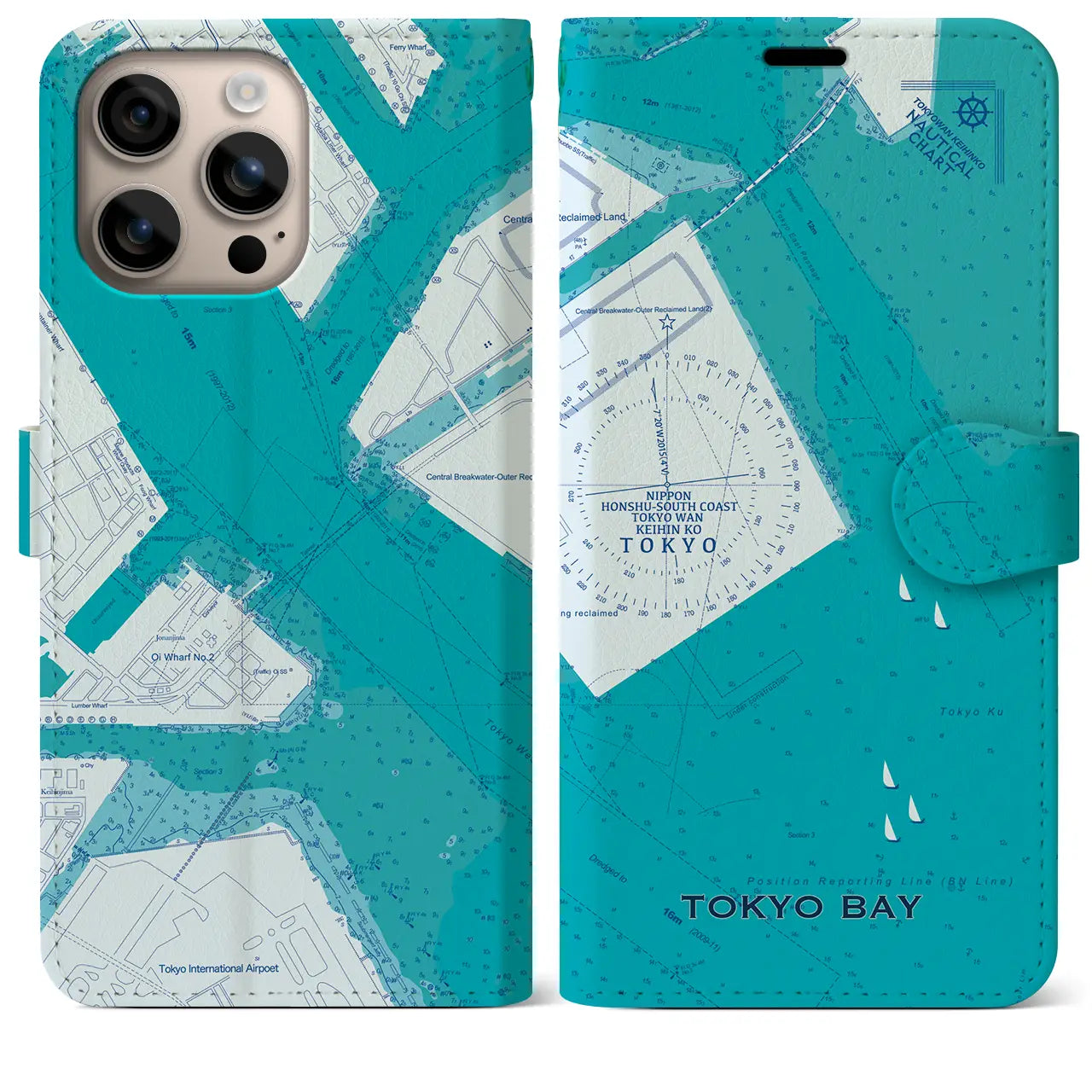 【東京港(東京都)】海図iPhoneケース(手帳タイプ)ブルー・iPhone 16 Plus 用