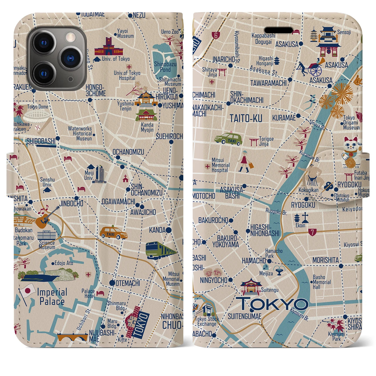 【東京都心東部(イラスト)】イラストマップiPhoneケース(手帳タイプ)ブライト・iPhone 11 Pro Max 用