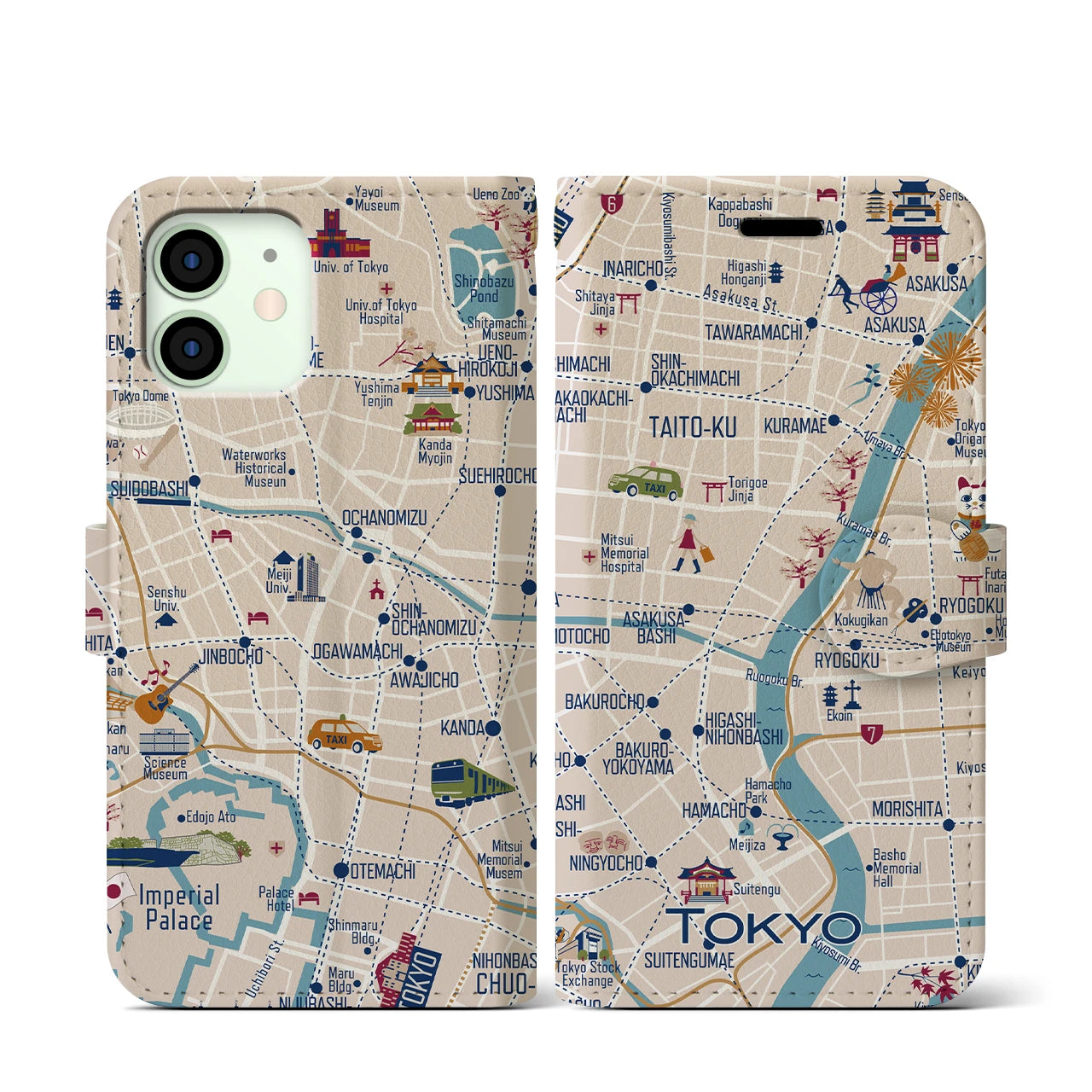 【東京都心東部(イラスト)】イラストマップiPhoneケース(手帳タイプ)ブライト・iPhone 12 mini 用