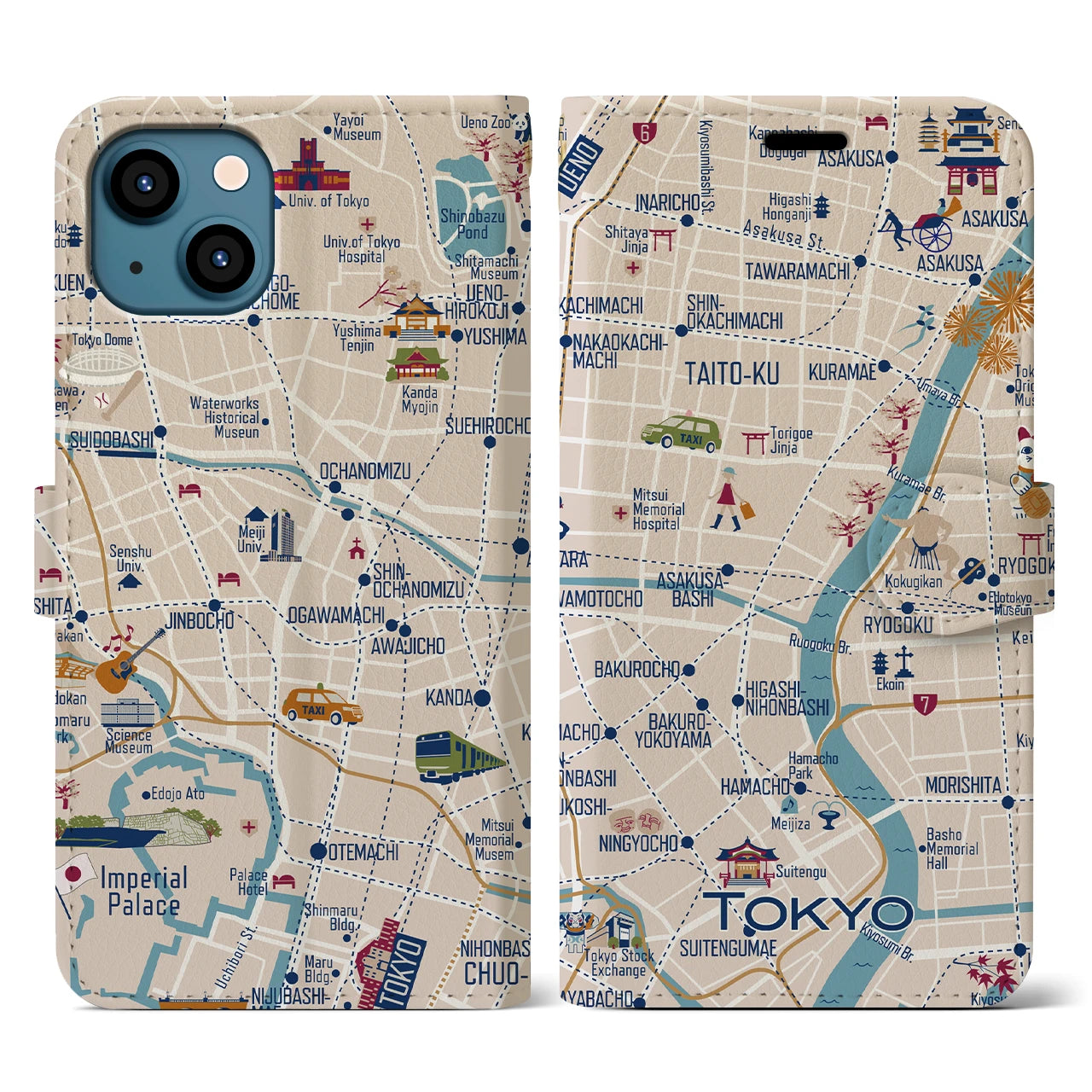【東京都心東部(イラスト)】イラストマップiPhoneケース(手帳タイプ)ブライト・iPhone 13 用