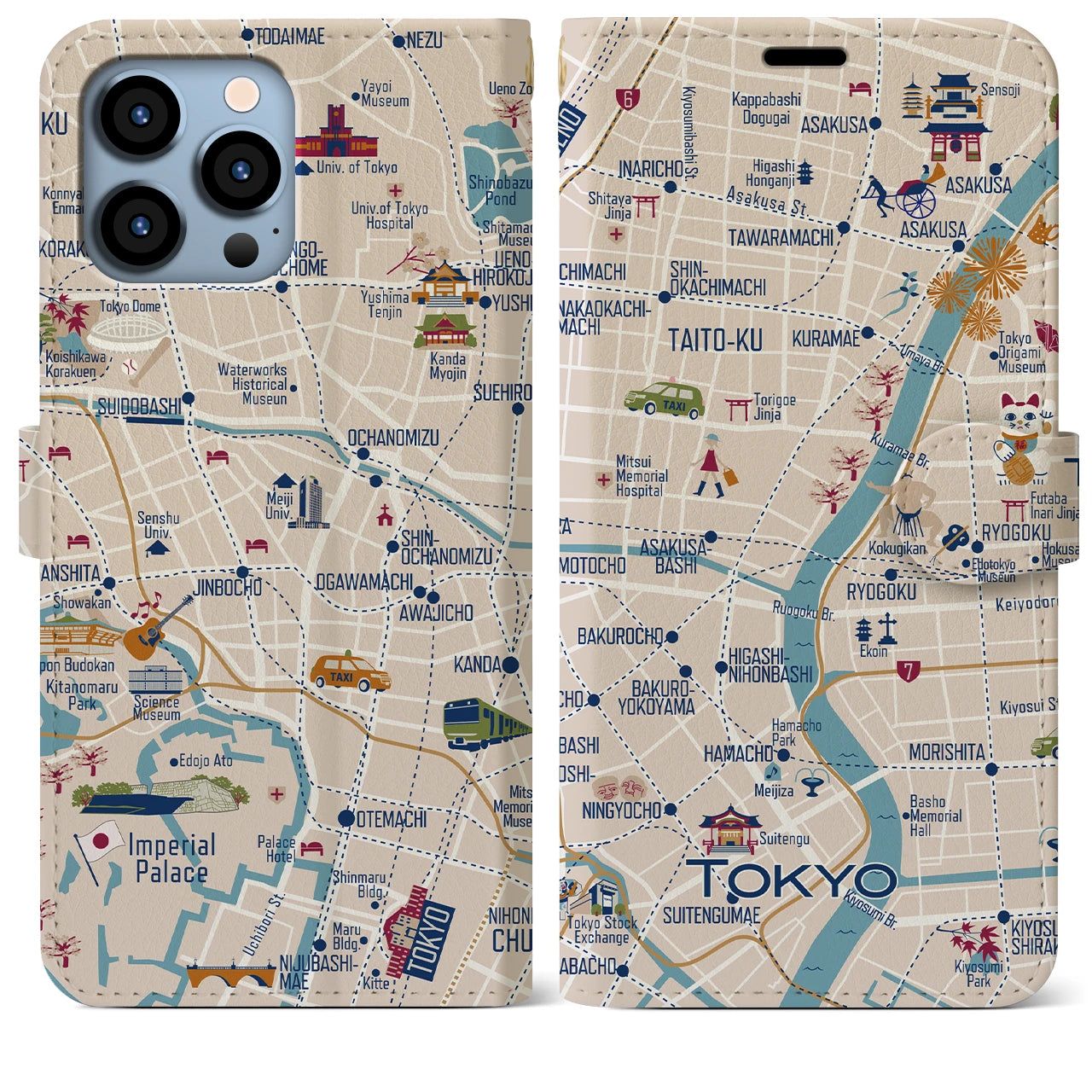 【東京都心東部(イラスト)】イラストマップiPhoneケース(手帳タイプ)ブライト・iPhone 13 Pro Max 用