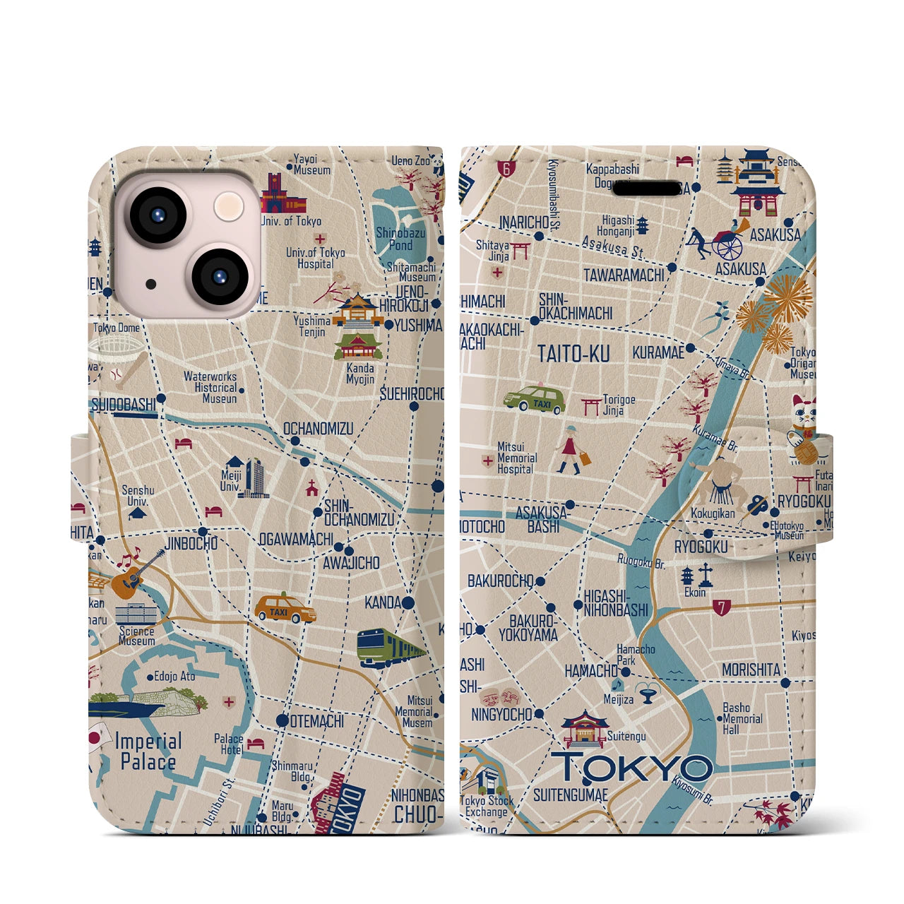 【東京都心東部(イラスト)】イラストマップiPhoneケース(手帳タイプ)ブライト・iPhone 13 mini 用
