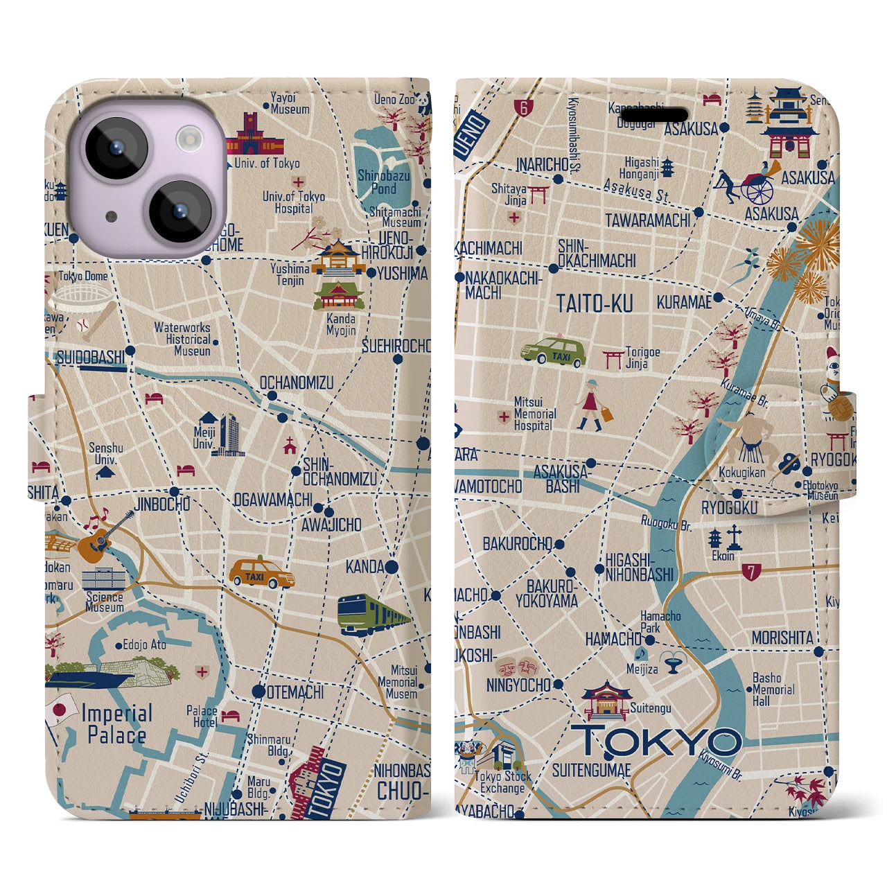 【東京都心東部(イラスト)】イラストマップiPhoneケース(手帳タイプ)ブライト・iPhone 14 用