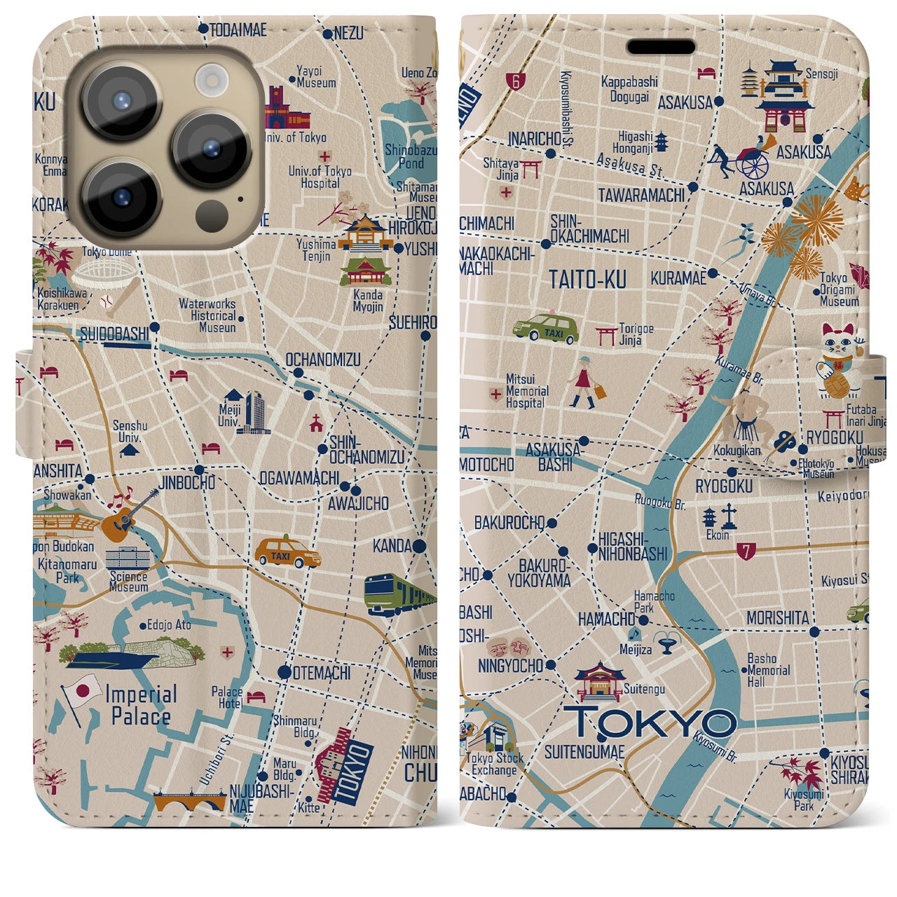【東京都心東部(イラスト)】イラストマップiPhoneケース(手帳タイプ)ブライト・iPhone 14 Pro Max 用