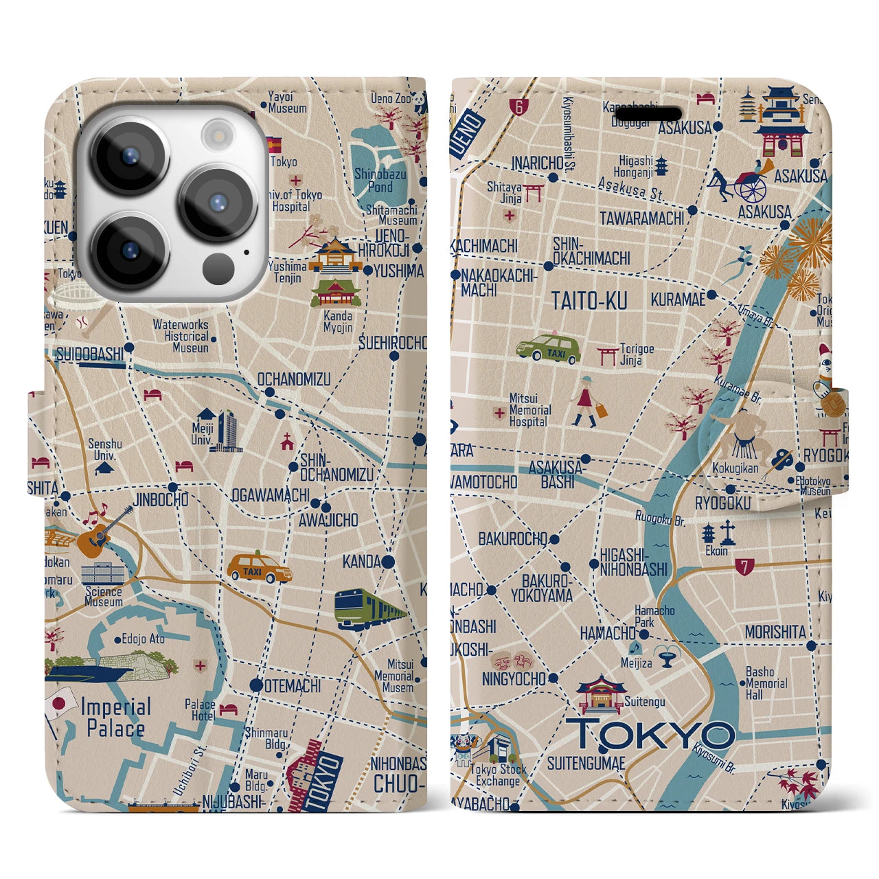 【東京都心東部(イラスト)】イラストマップiPhoneケース(手帳タイプ)ブライト・iPhone 14 Pro 用