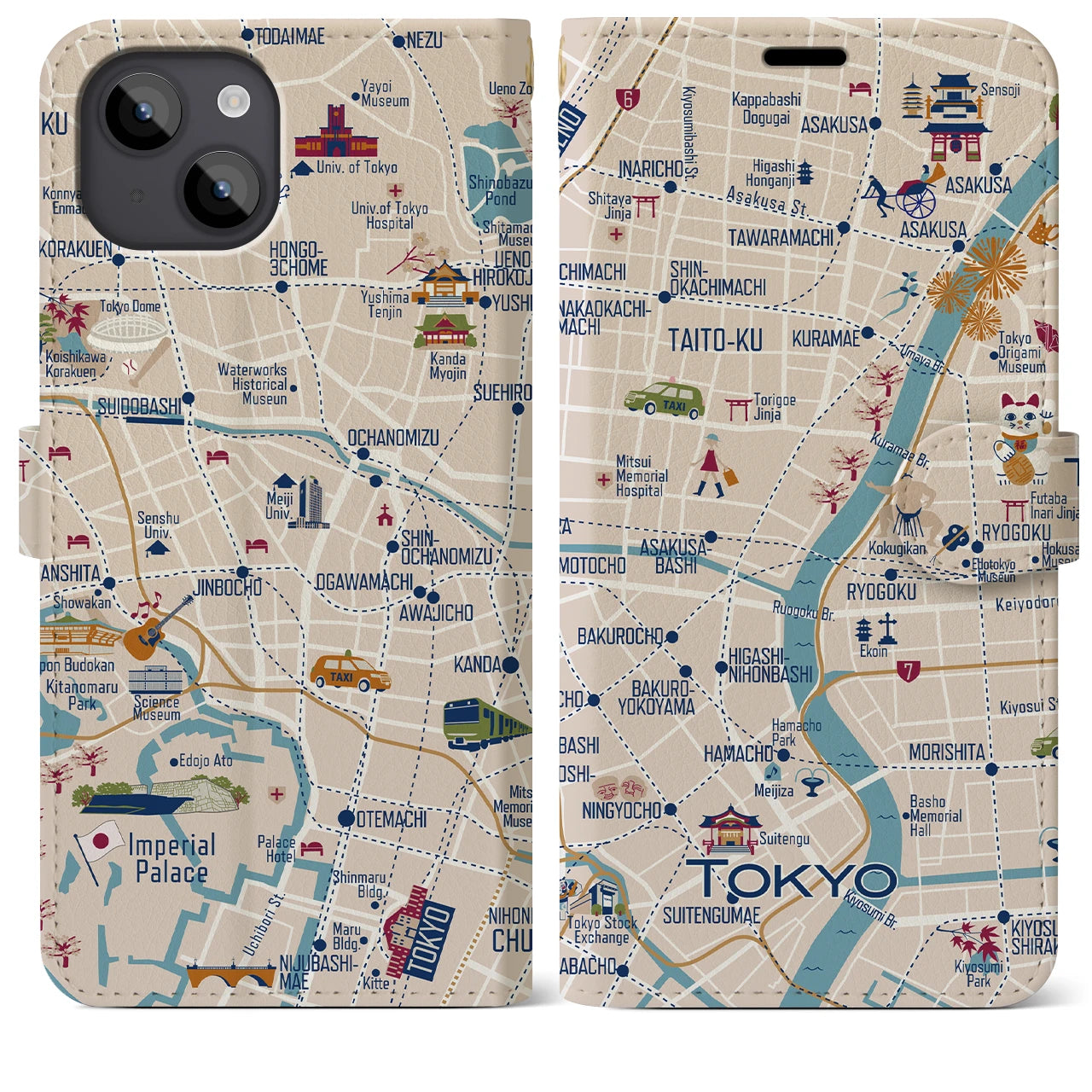 【東京都心東部(イラスト)】イラストマップiPhoneケース(手帳タイプ)ブライト・iPhone 14 Plus 用