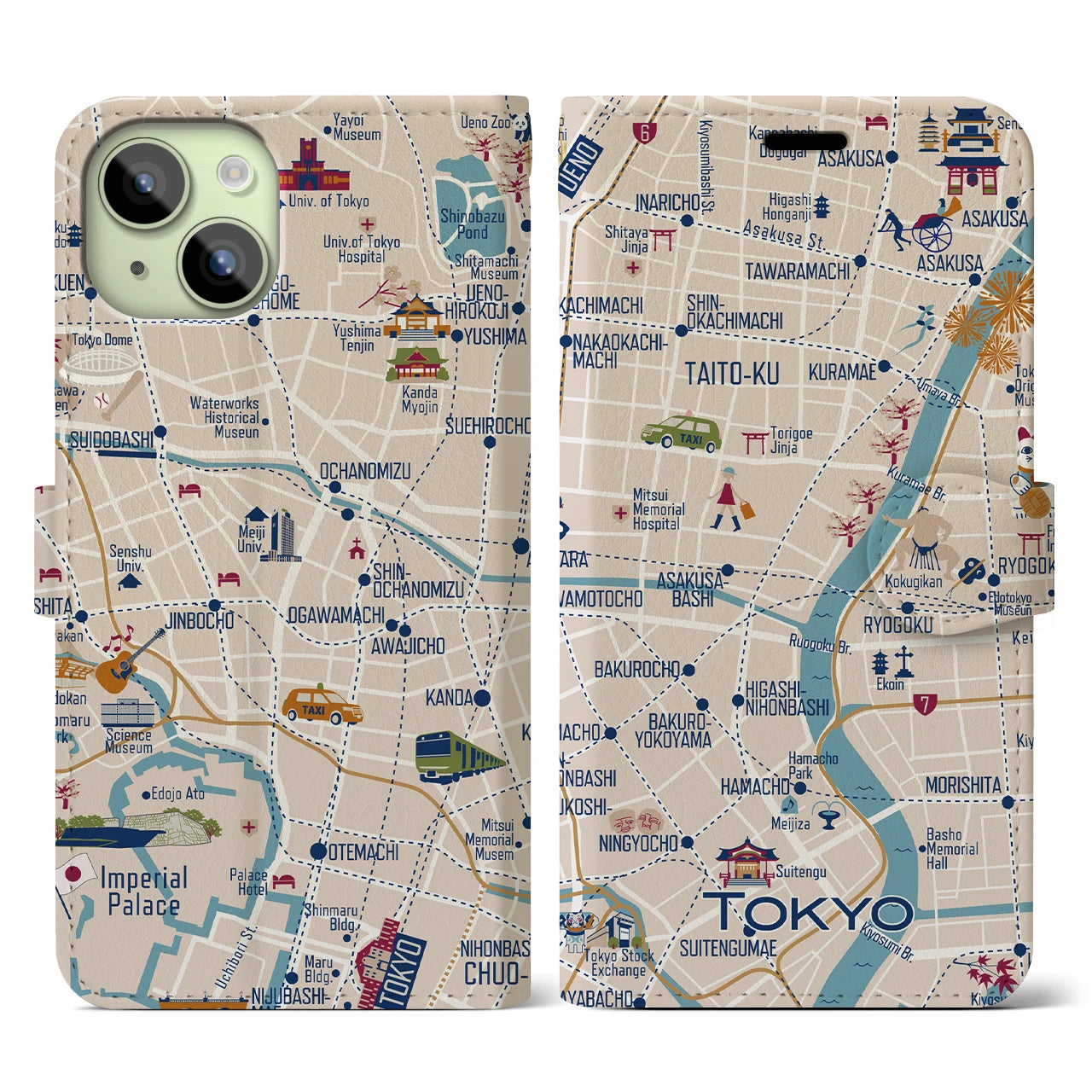【東京都心東部(イラスト)】イラストマップiPhoneケース(手帳タイプ)ブライト・iPhone 15 用