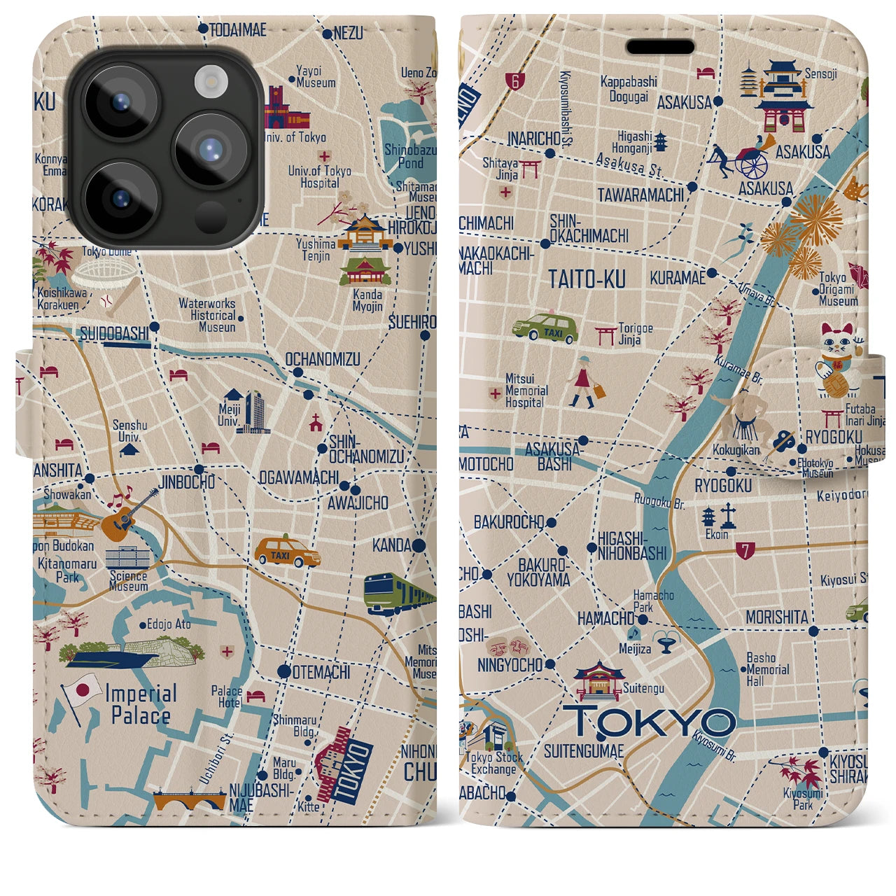 【東京都心東部(イラスト)】イラストマップiPhoneケース(手帳タイプ)ブライト・iPhone 15 Pro Max 用