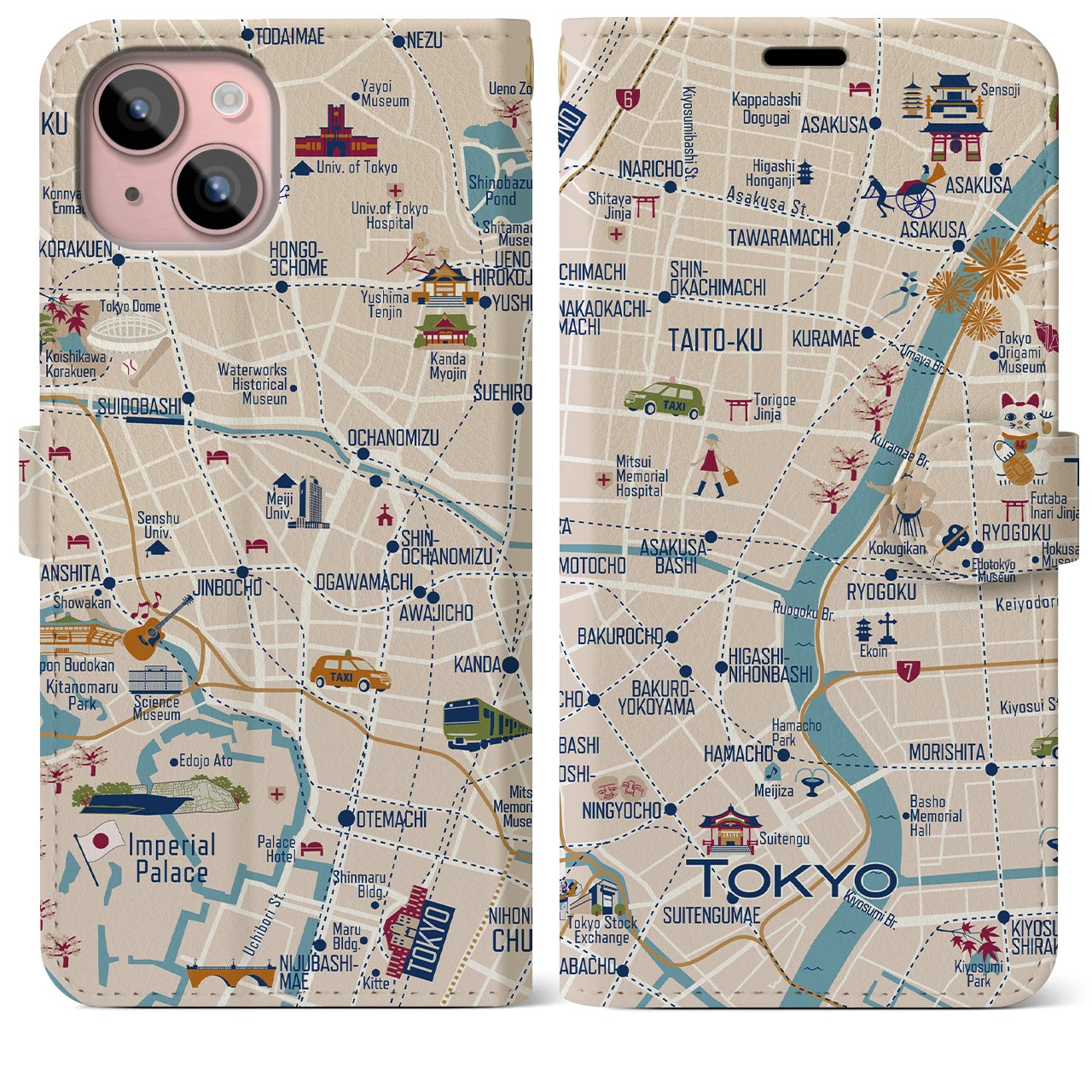 【東京都心東部(イラスト)】イラストマップiPhoneケース(手帳タイプ)ブライト・iPhone 15 Plus 用