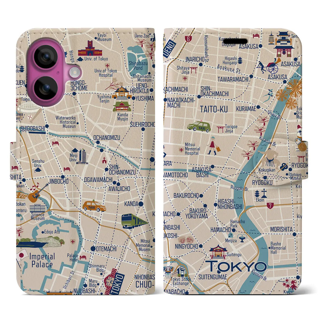 【東京都心東部(イラスト)】イラストマップiPhoneケース(手帳タイプ)ブライト・iPhone 16 Pro 用