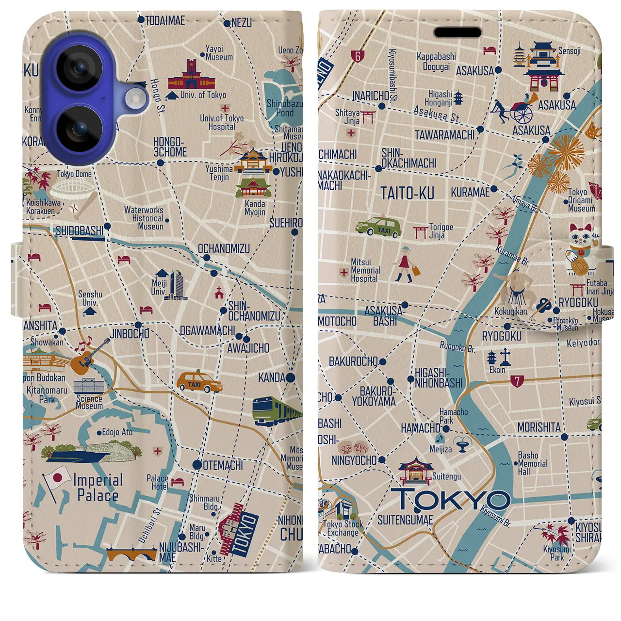 【東京都心東部(イラスト)】イラストマップiPhoneケース(手帳タイプ)ブライト・iPhone 16 Pro Max 用