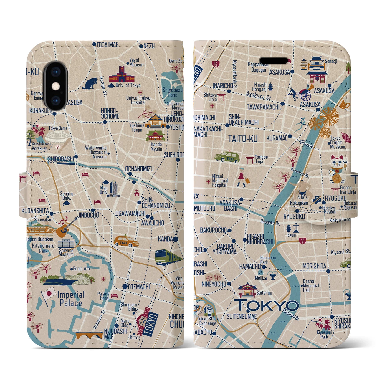 【東京都心東部(イラスト)】イラストマップiPhoneケース(手帳タイプ)ブライト・iPhone XS / X 用