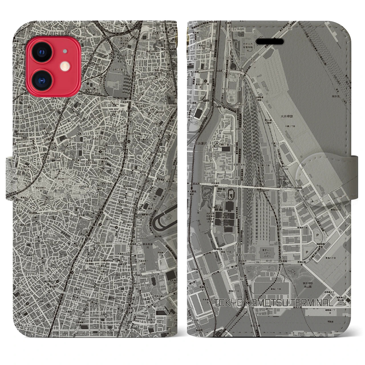 【東京貨物ターミナル(東京都)】地図柄iPhoneケース(手帳タイプ)モノトーン・iPhone 11 用
