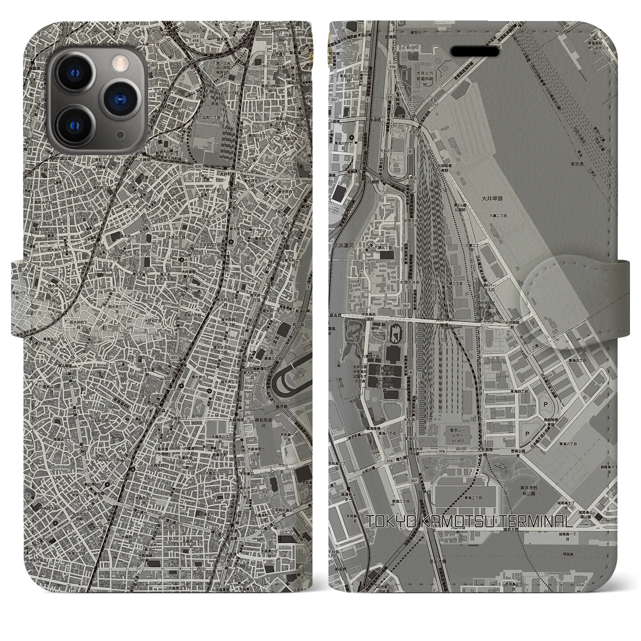 【東京貨物ターミナル(東京都)】地図柄iPhoneケース(手帳タイプ)モノトーン・iPhone 11 Pro Max 用