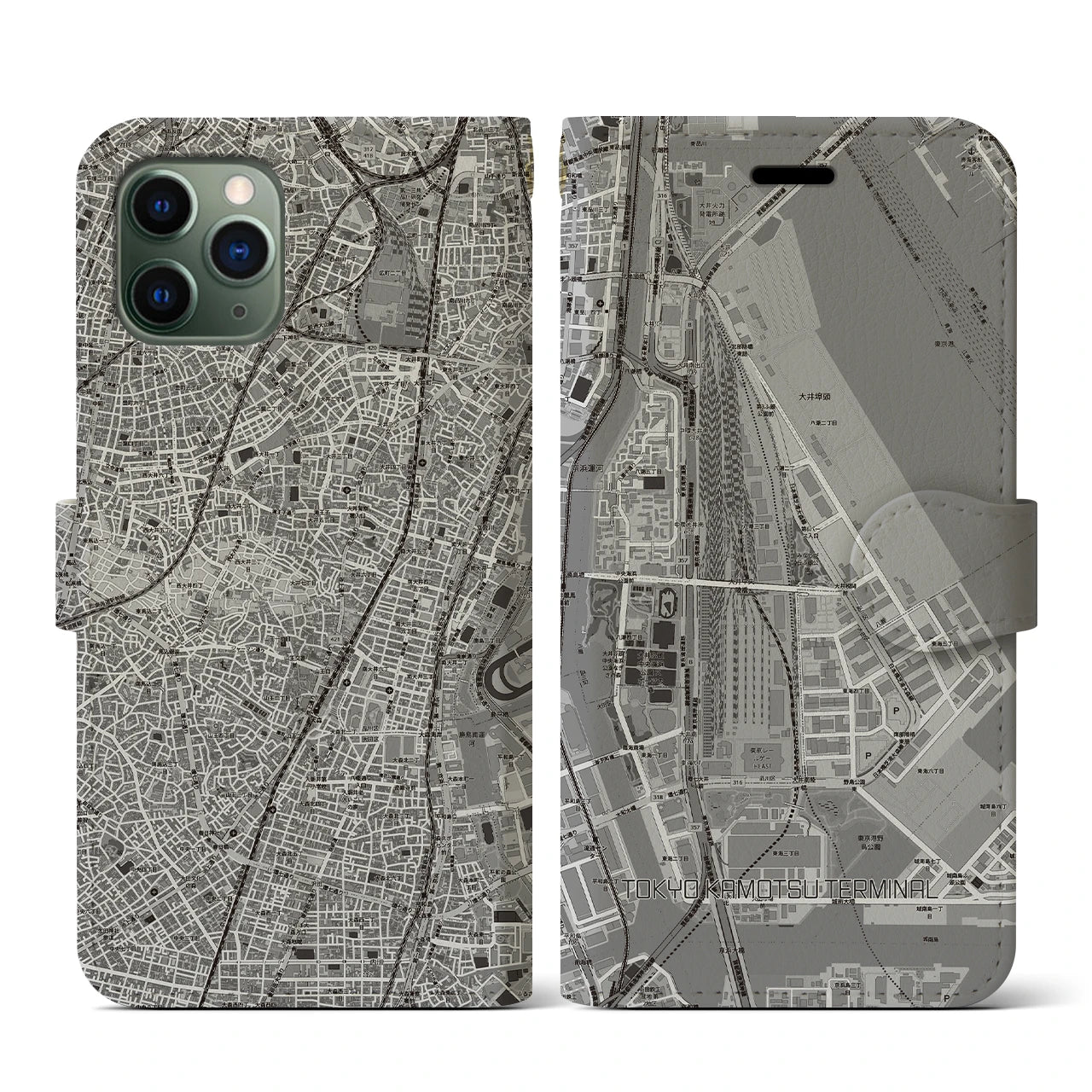 【東京貨物ターミナル(東京都)】地図柄iPhoneケース(手帳タイプ)モノトーン・iPhone 11 Pro 用