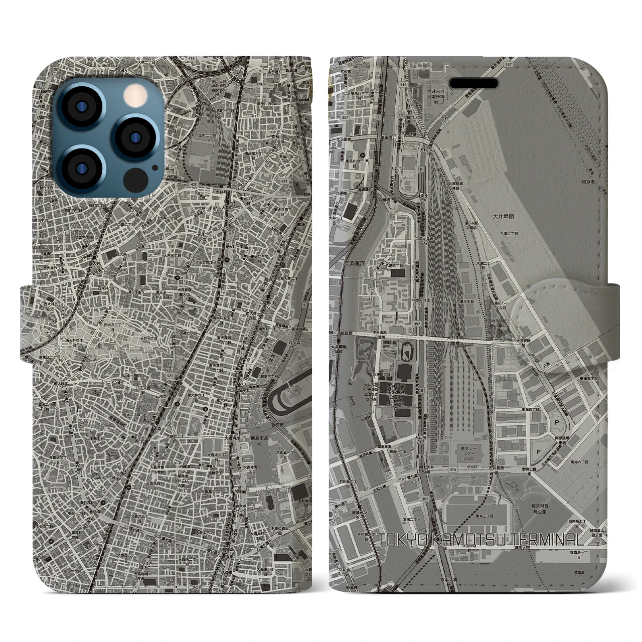 【東京貨物ターミナル(東京都)】地図柄iPhoneケース(手帳タイプ)モノトーン・iPhone 12 / 12 Pro 用