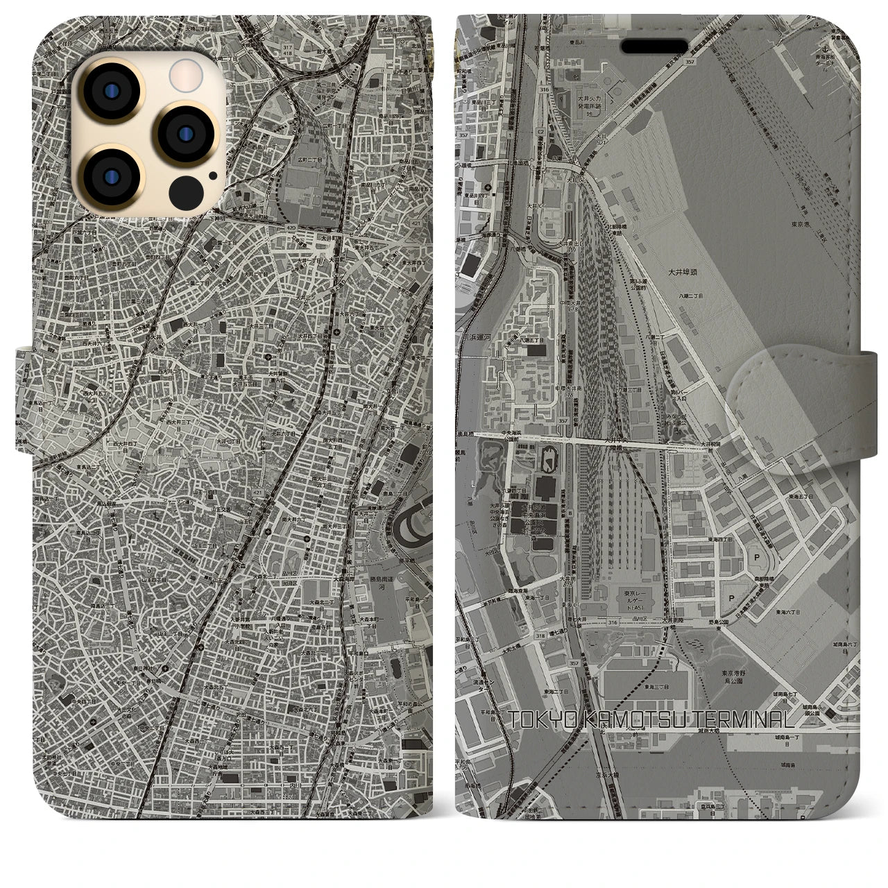 【東京貨物ターミナル(東京都)】地図柄iPhoneケース(手帳タイプ)モノトーン・iPhone 12 Pro Max 用