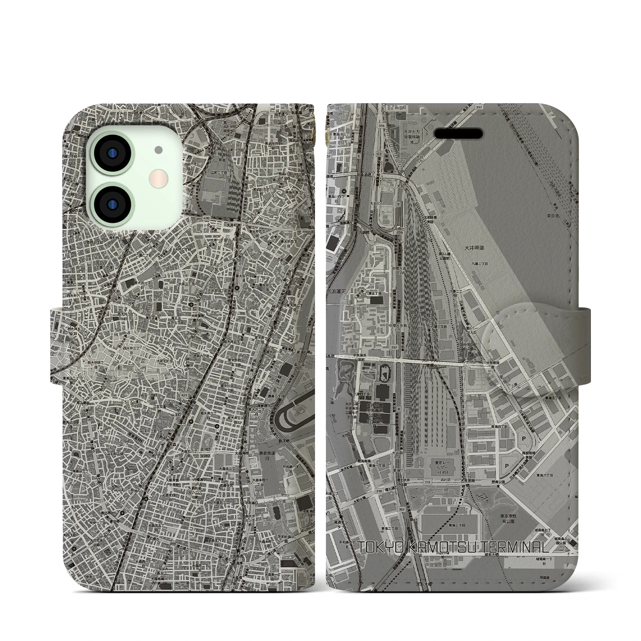 【東京貨物ターミナル(東京都)】地図柄iPhoneケース(手帳タイプ)モノトーン・iPhone 12 mini 用