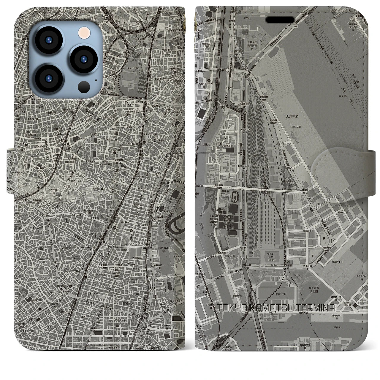 【東京貨物ターミナル(東京都)】地図柄iPhoneケース(手帳タイプ)モノトーン・iPhone 13 Pro Max 用