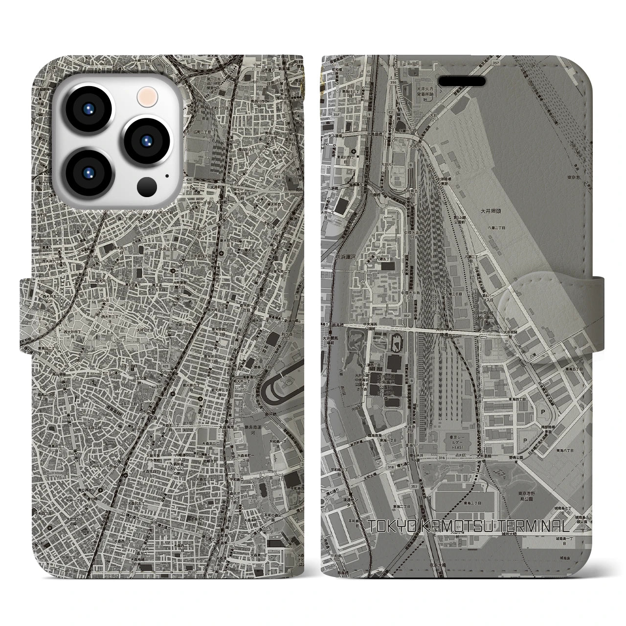 【東京貨物ターミナル(東京都)】地図柄iPhoneケース(手帳タイプ)モノトーン・iPhone 13 Pro 用
