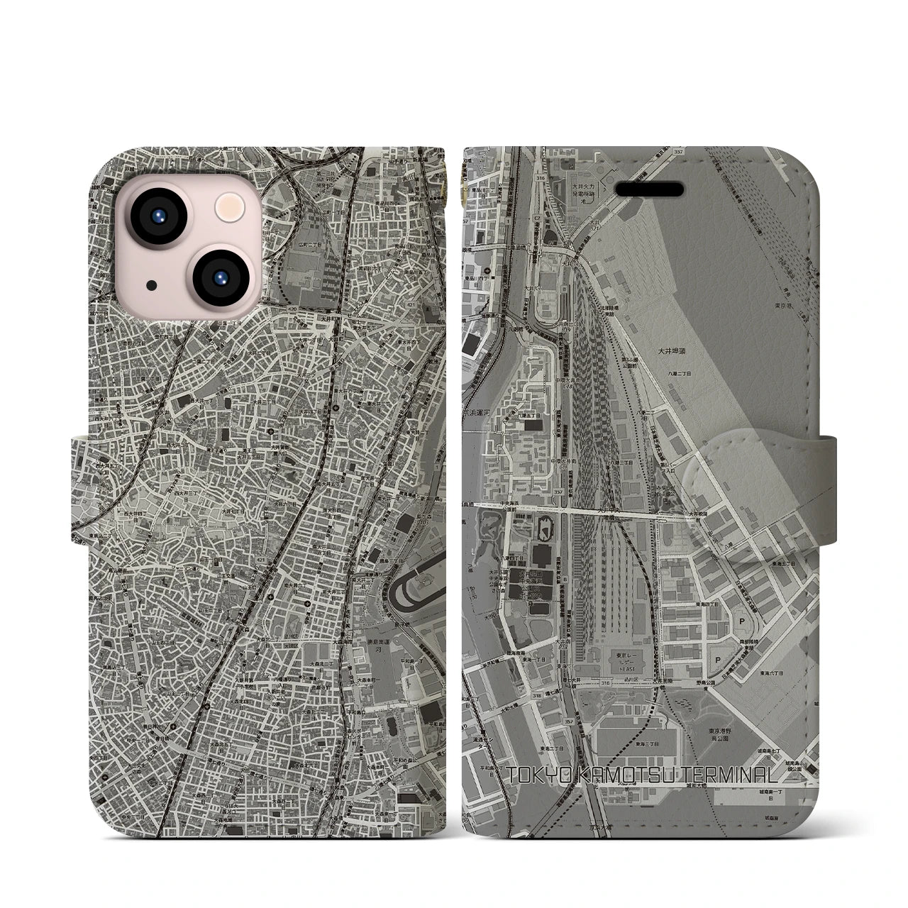 【東京貨物ターミナル(東京都)】地図柄iPhoneケース(手帳タイプ)モノトーン・iPhone 13 mini 用