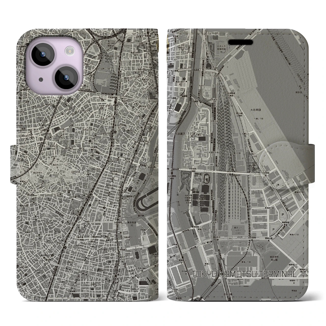 【東京貨物ターミナル(東京都)】地図柄iPhoneケース(手帳タイプ)モノトーン・iPhone 14 用