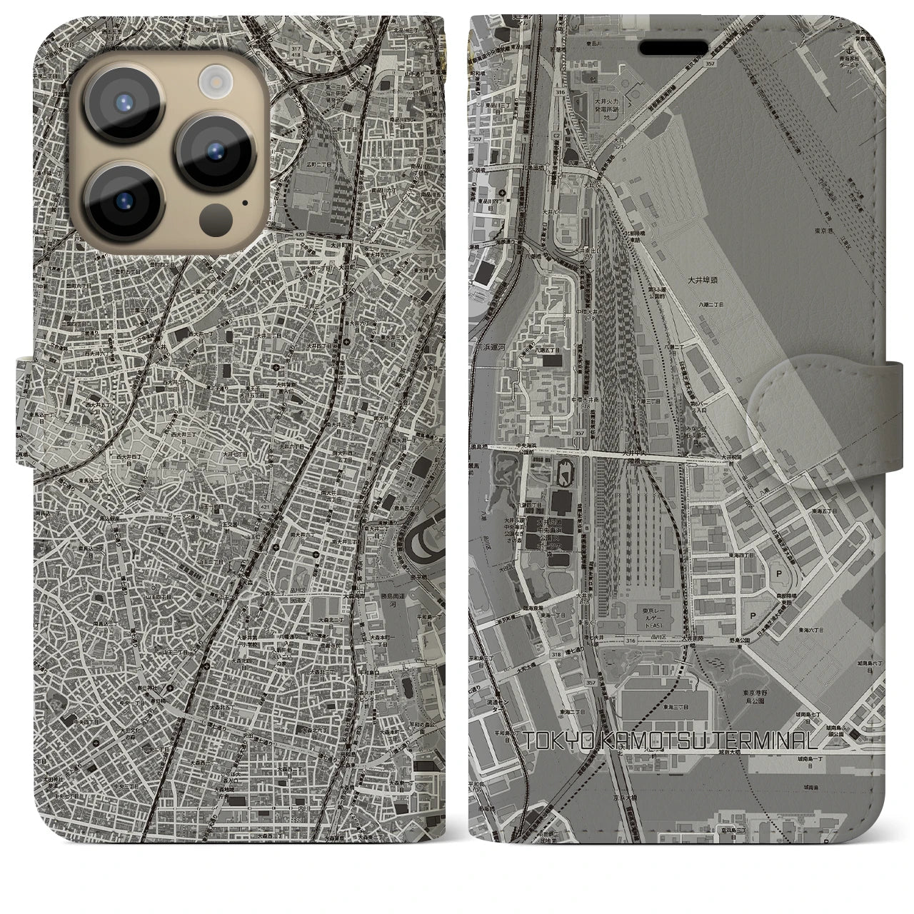 【東京貨物ターミナル(東京都)】地図柄iPhoneケース(手帳タイプ)モノトーン・iPhone 14 Pro Max 用