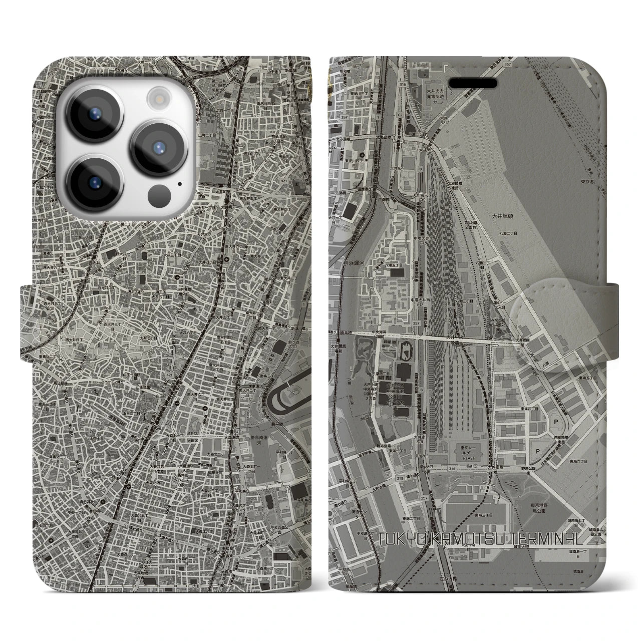 【東京貨物ターミナル(東京都)】地図柄iPhoneケース(手帳タイプ)モノトーン・iPhone 14 Pro 用
