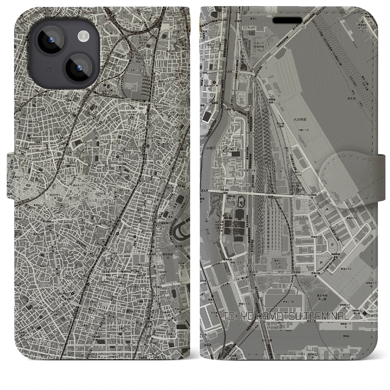 【東京貨物ターミナル(東京都)】地図柄iPhoneケース(手帳タイプ)モノトーン・iPhone 14 Plus 用
