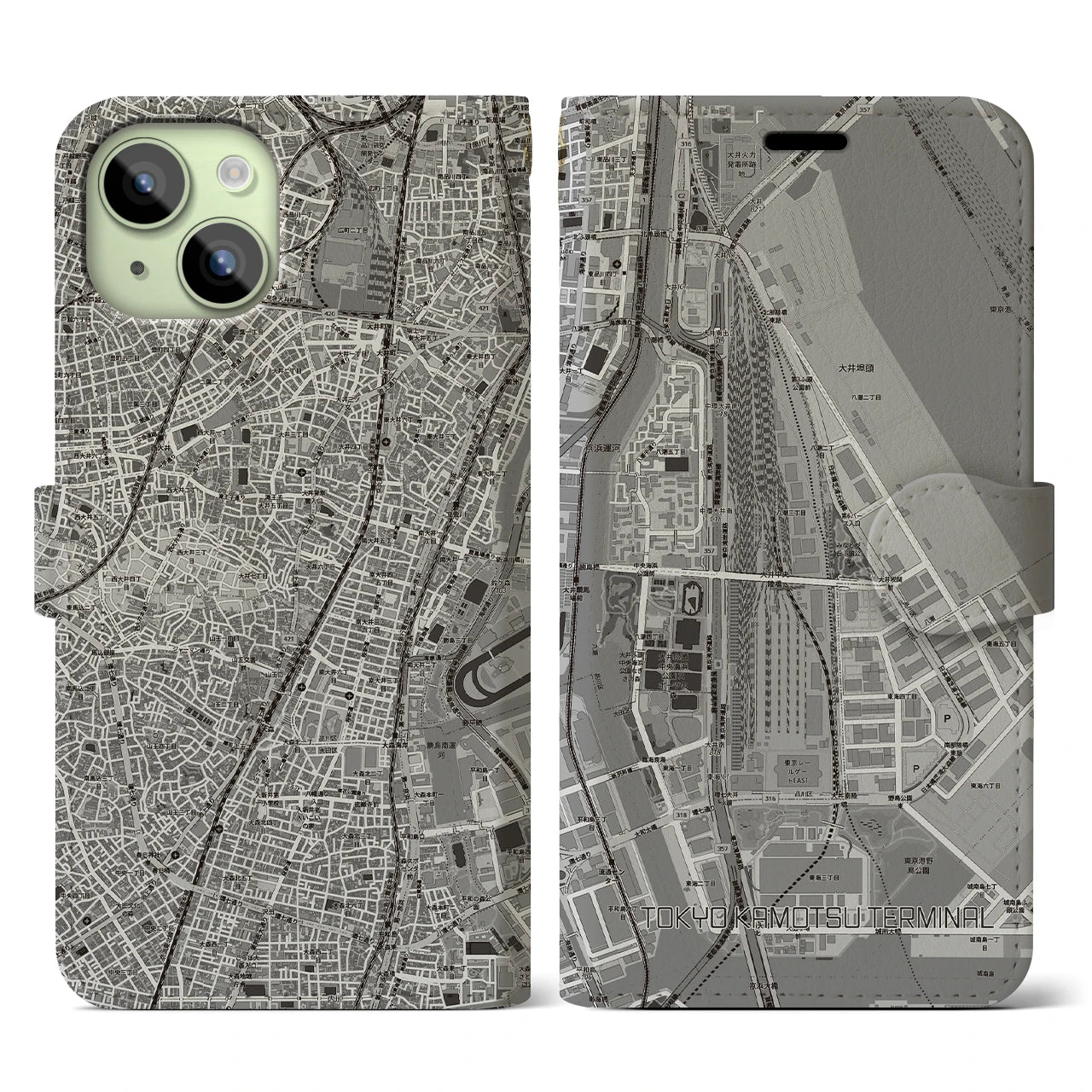 【東京貨物ターミナル(東京都)】地図柄iPhoneケース(手帳タイプ)モノトーン・iPhone 15 用