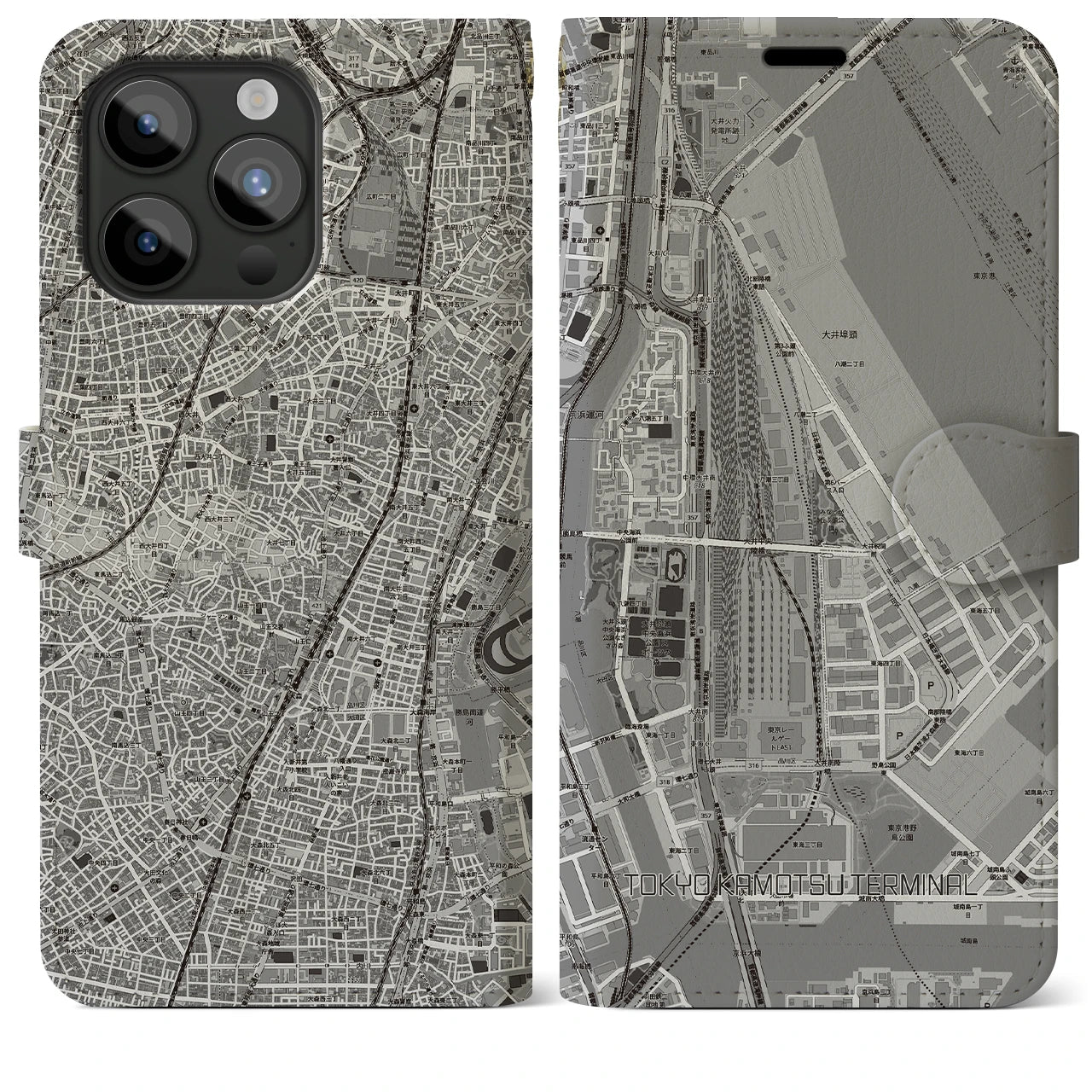 【東京貨物ターミナル(東京都)】地図柄iPhoneケース(手帳タイプ)モノトーン・iPhone 15 Pro Max 用