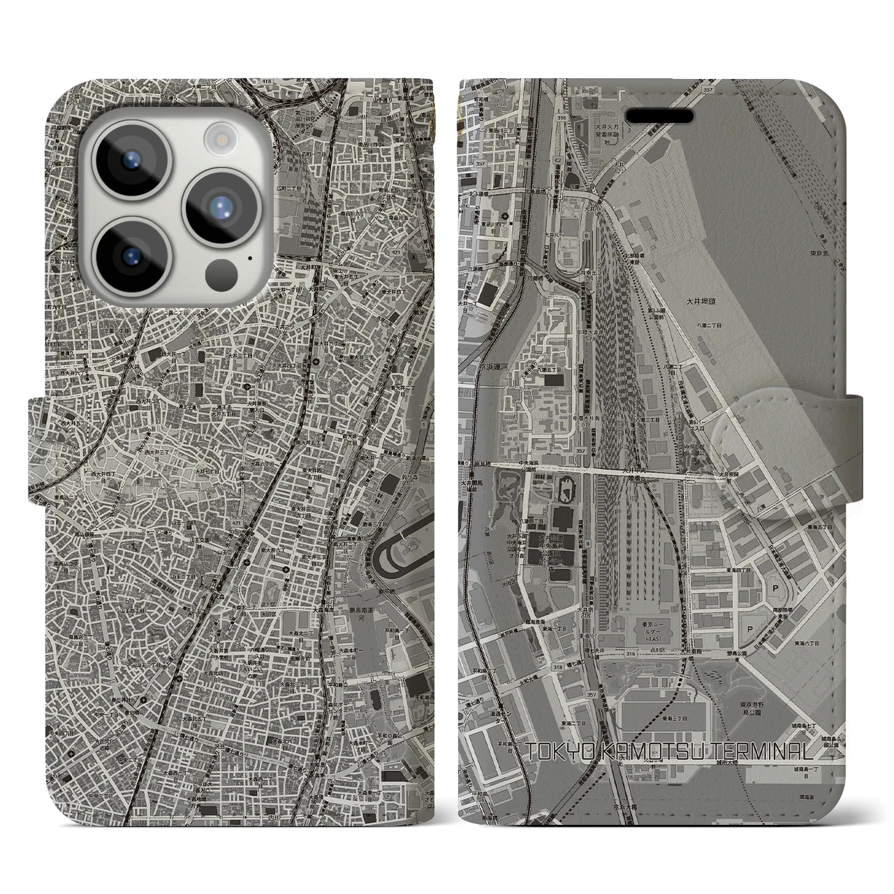 【東京貨物ターミナル(東京都)】地図柄iPhoneケース(手帳タイプ)モノトーン・iPhone 15 Pro 用