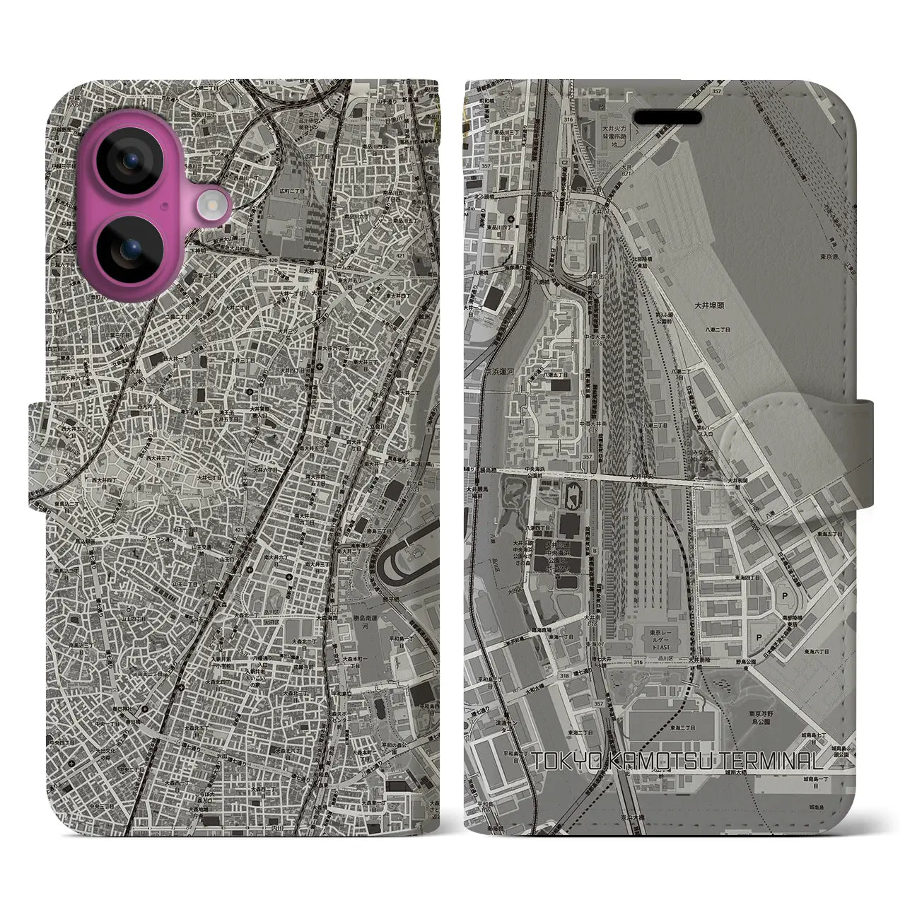 【東京貨物ターミナル(東京都)】地図柄iPhoneケース(手帳タイプ)モノトーン・iPhone 16 Pro 用