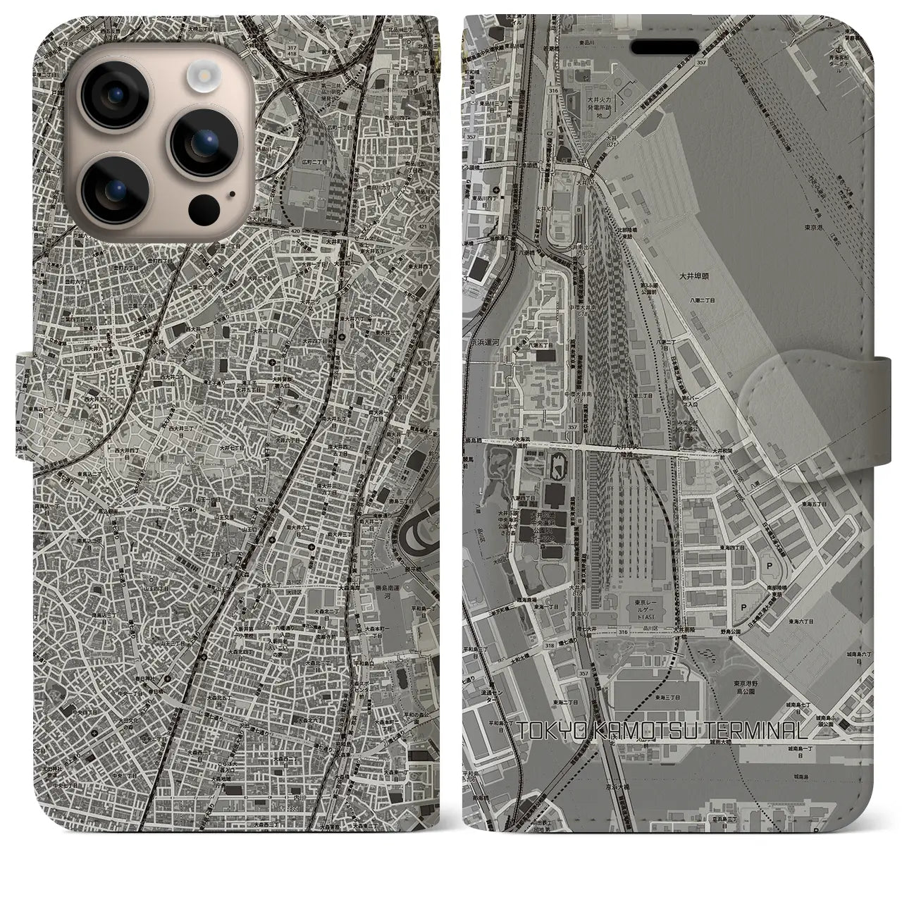 【東京貨物ターミナル(東京都)】地図柄iPhoneケース(手帳タイプ)モノトーン・iPhone 16 Plus 用