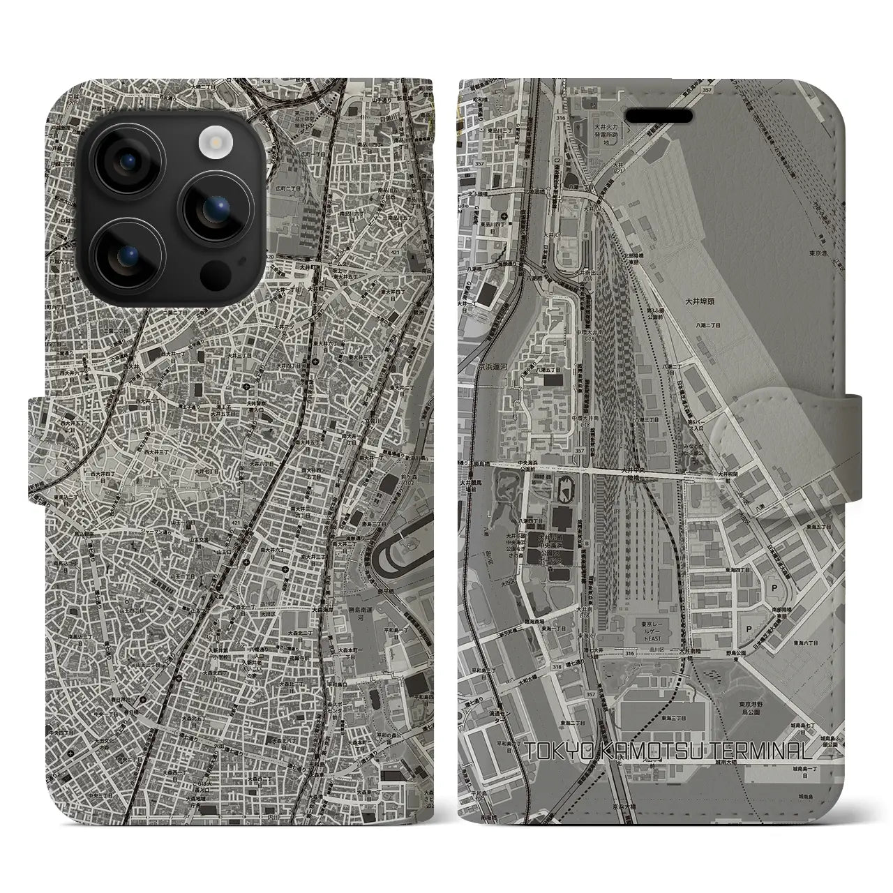 【東京貨物ターミナル(東京都)】地図柄iPhoneケース(手帳タイプ)モノトーン・iPhone 16 用